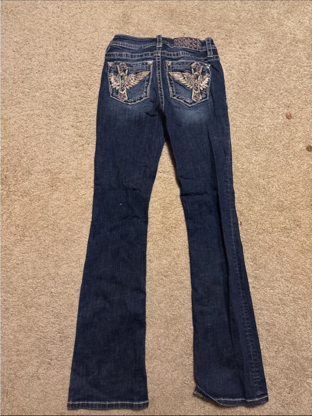Miss Me Dark Blue Flare Jeans with Embroidered Pocket Wings